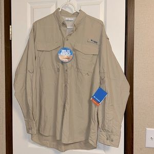 NWT Columbia men’s button down long sleeve shirt Size medium Tan Beige UPF 30